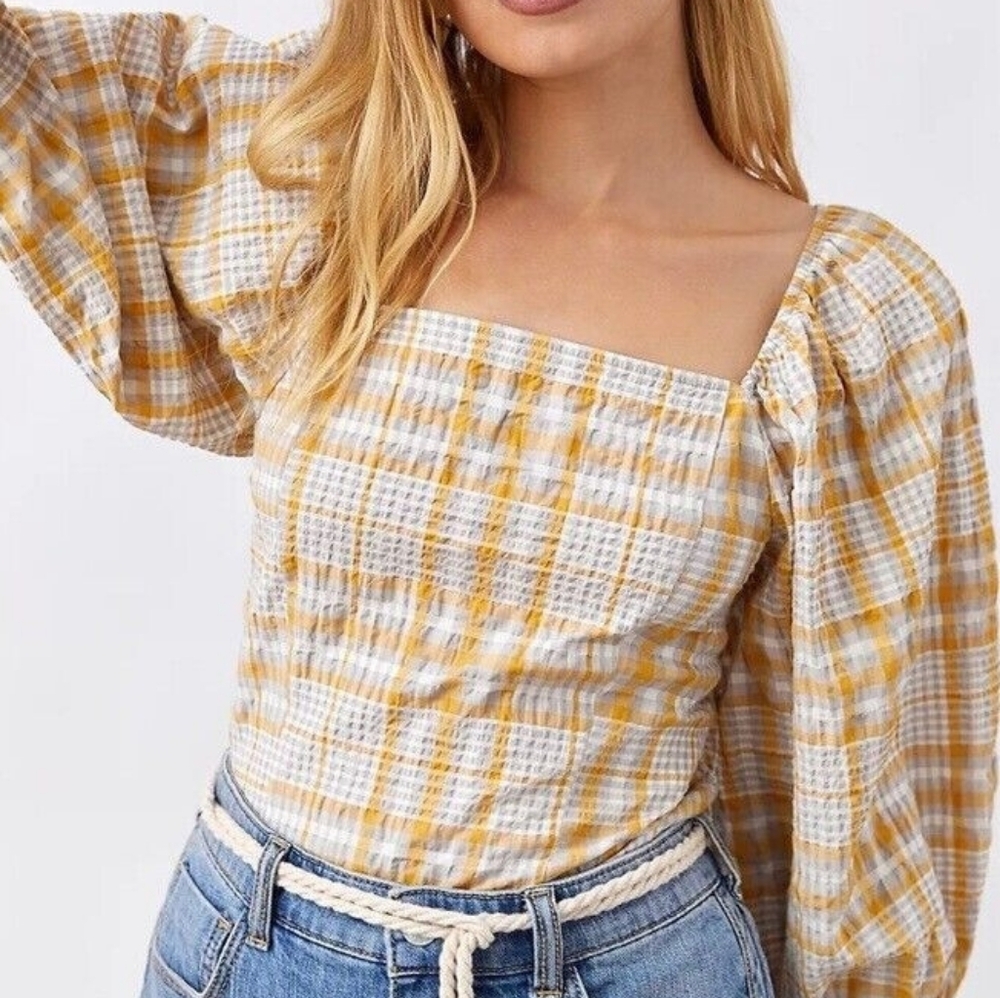 Maeve Anthropologie Plaid Square Neck Puff Sleeve Top